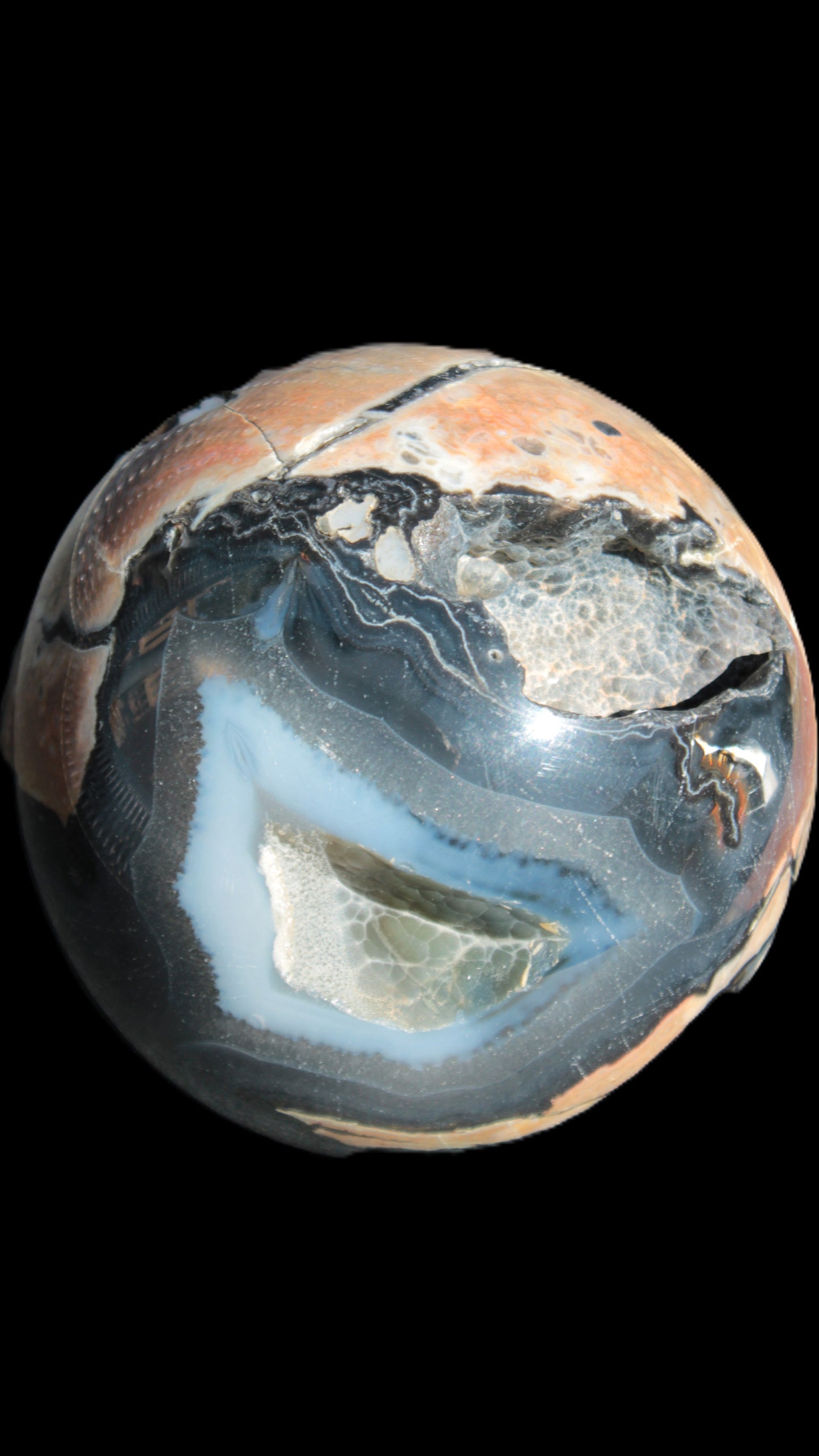Volcano Agate sphere 119mm 2167g in sunlight - Rocks and Things Store