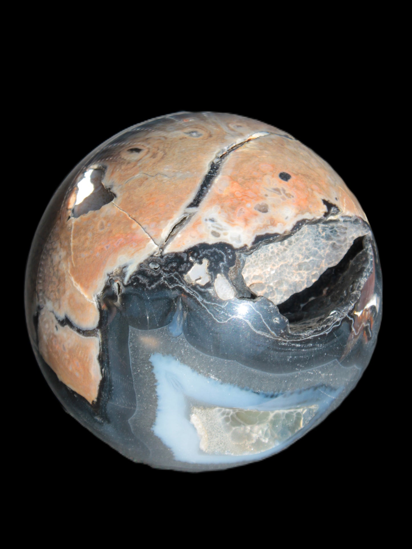 Volcano Agate sphere 119mm 2167g in sunlight - Rocks and Things Store