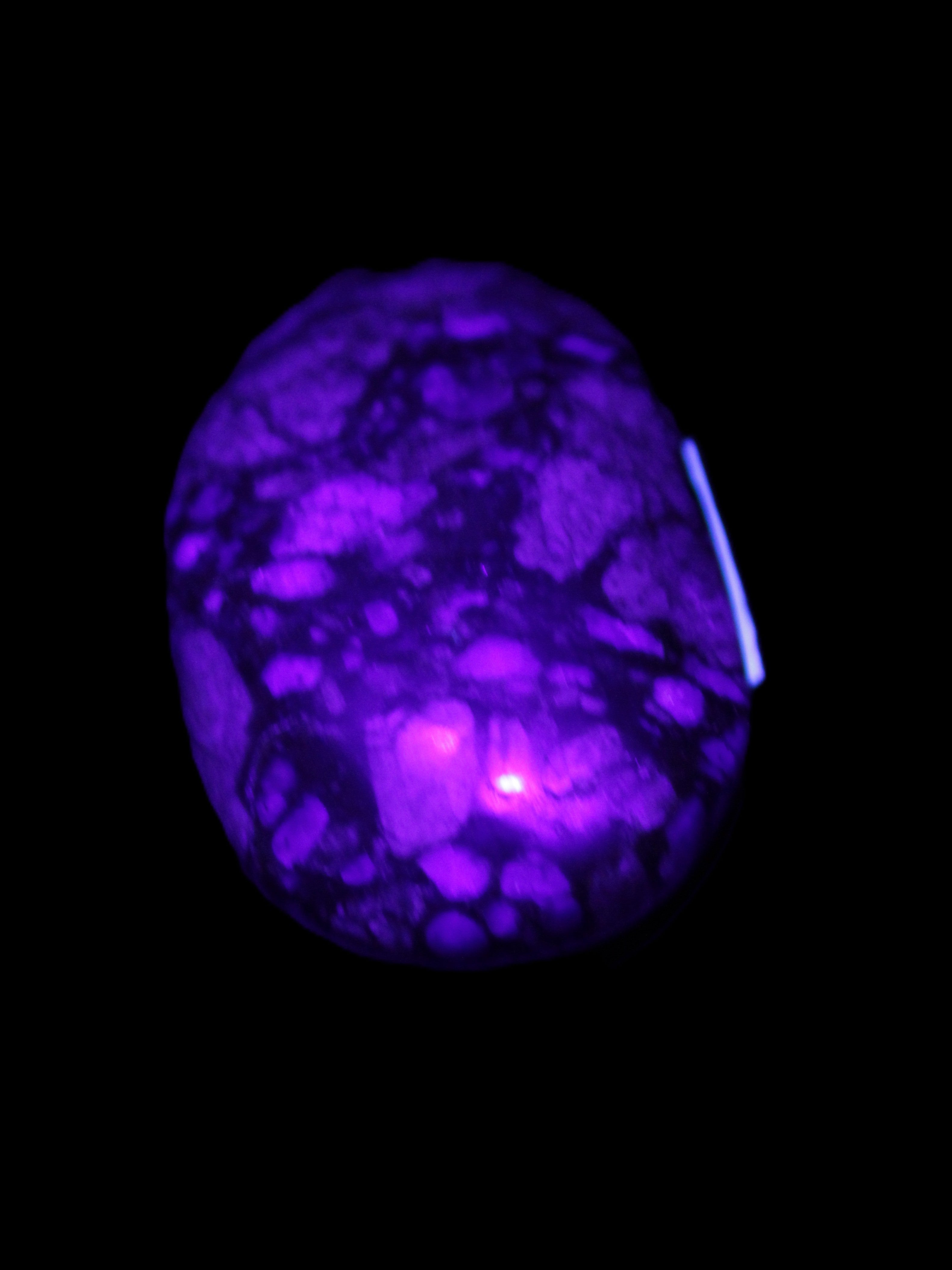 Llanite Que Sera palm stone 52*17*35mm 55g in UV light - Rocks and Things Store