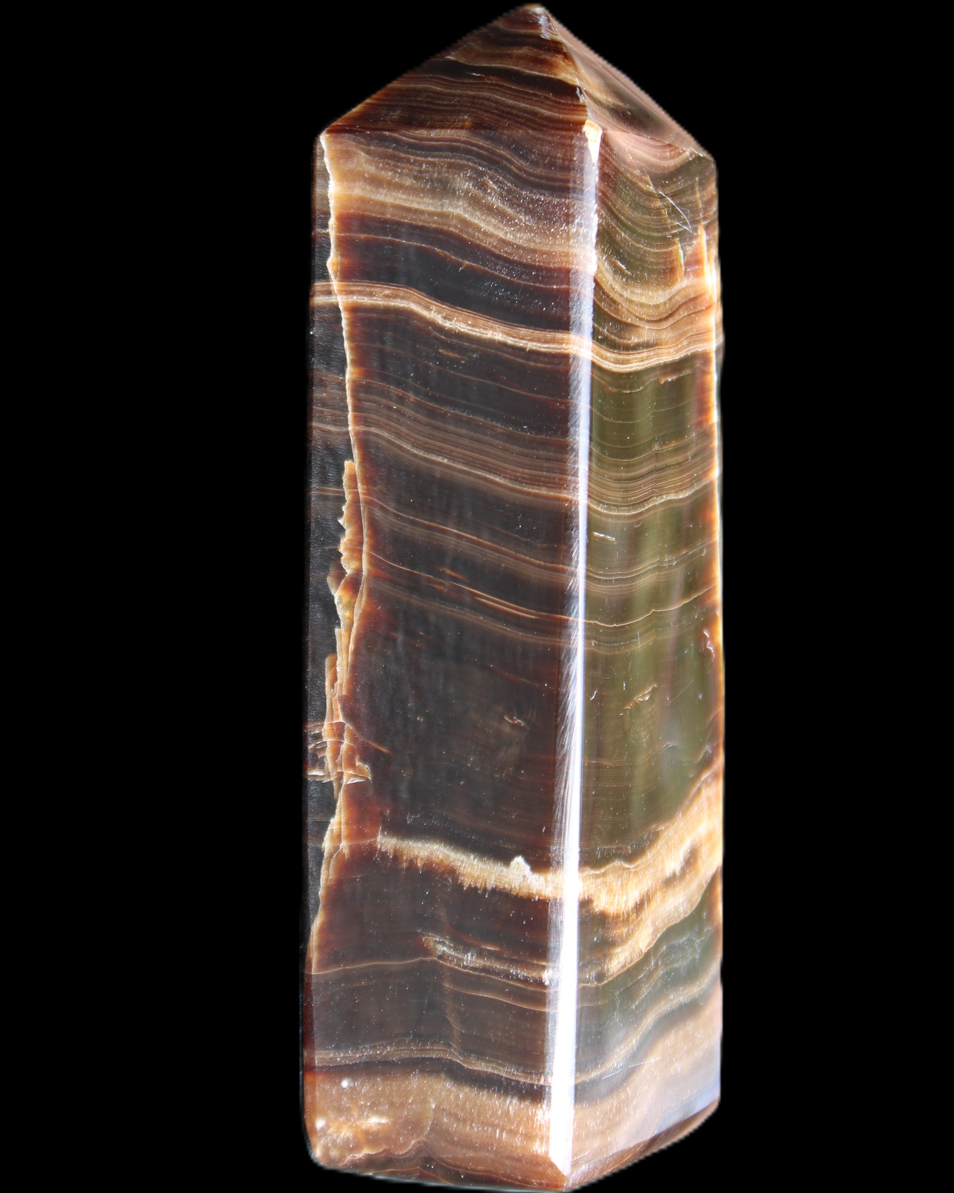 Chocolate Calcite obelisk 120*40*30mm 359g in sunlight - Rocks and Things Store