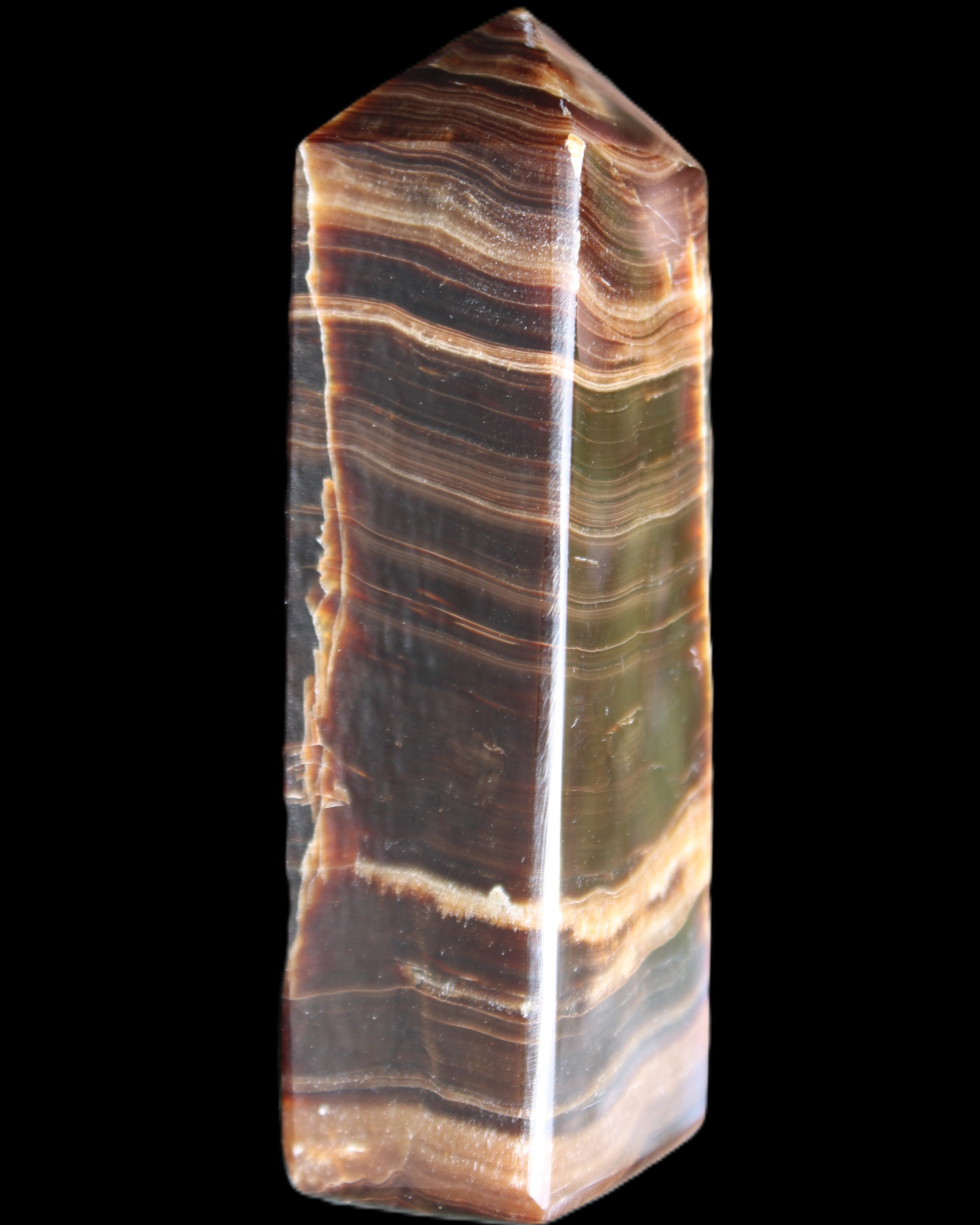 Chocolate Calcite obelisk 120*40*30mm 359g in sunlight - Rocks and Things Store
