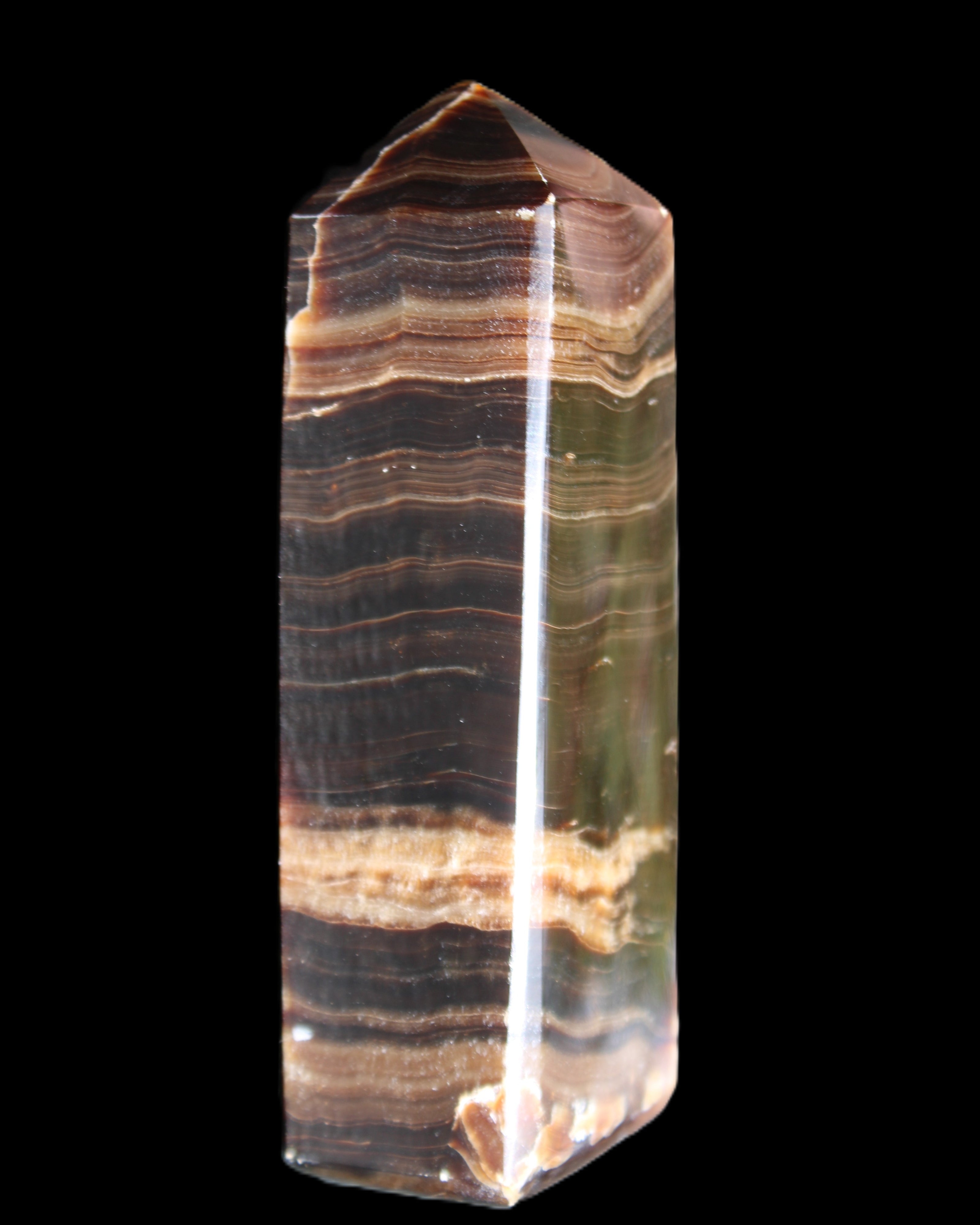 Chocolate Calcite obelisk 120*40*30mm 359g in sunlight - Rocks and Things Store