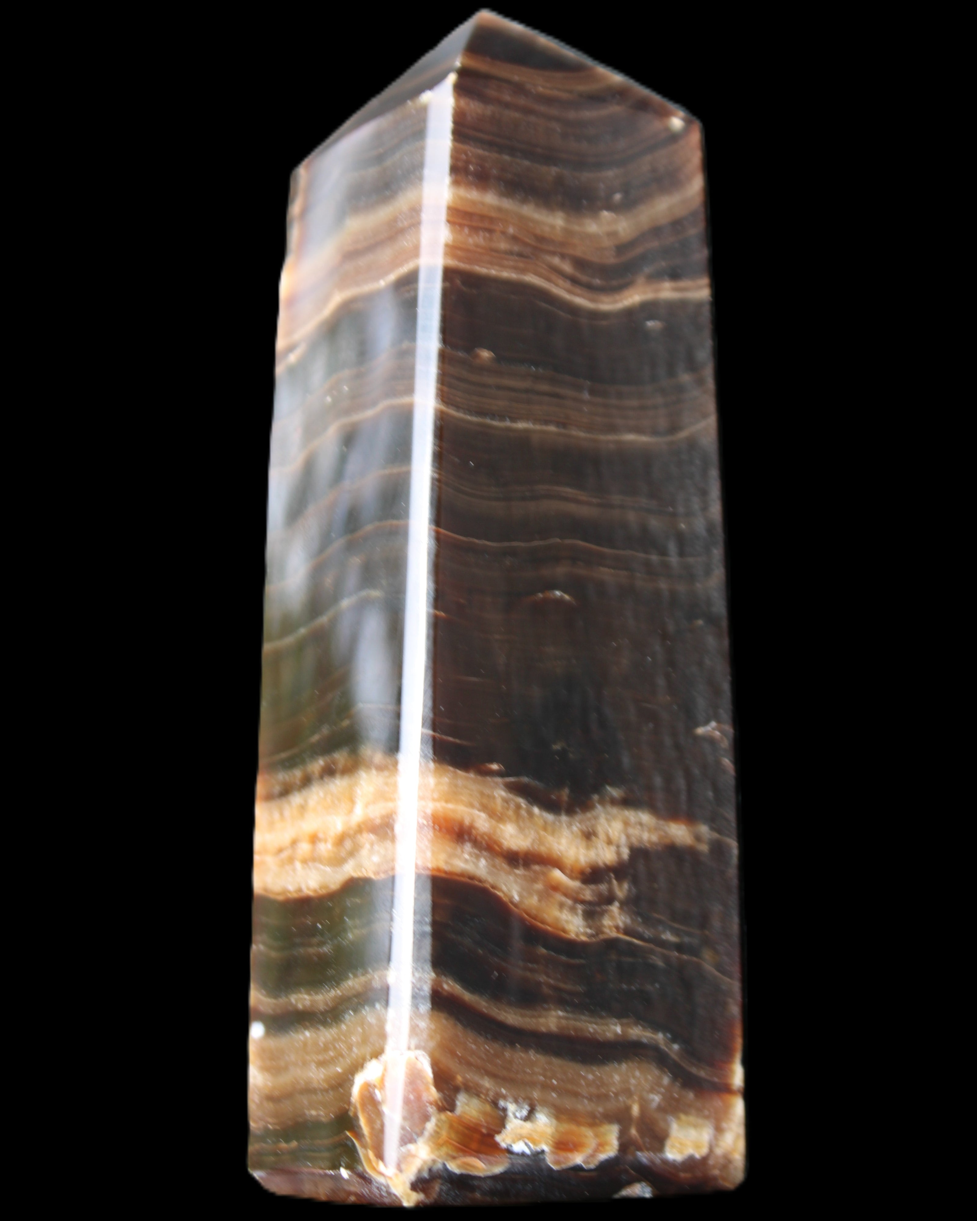 Chocolate Calcite obelisk 120*40*30mm 359g in sunlight - Rocks and Things Store
