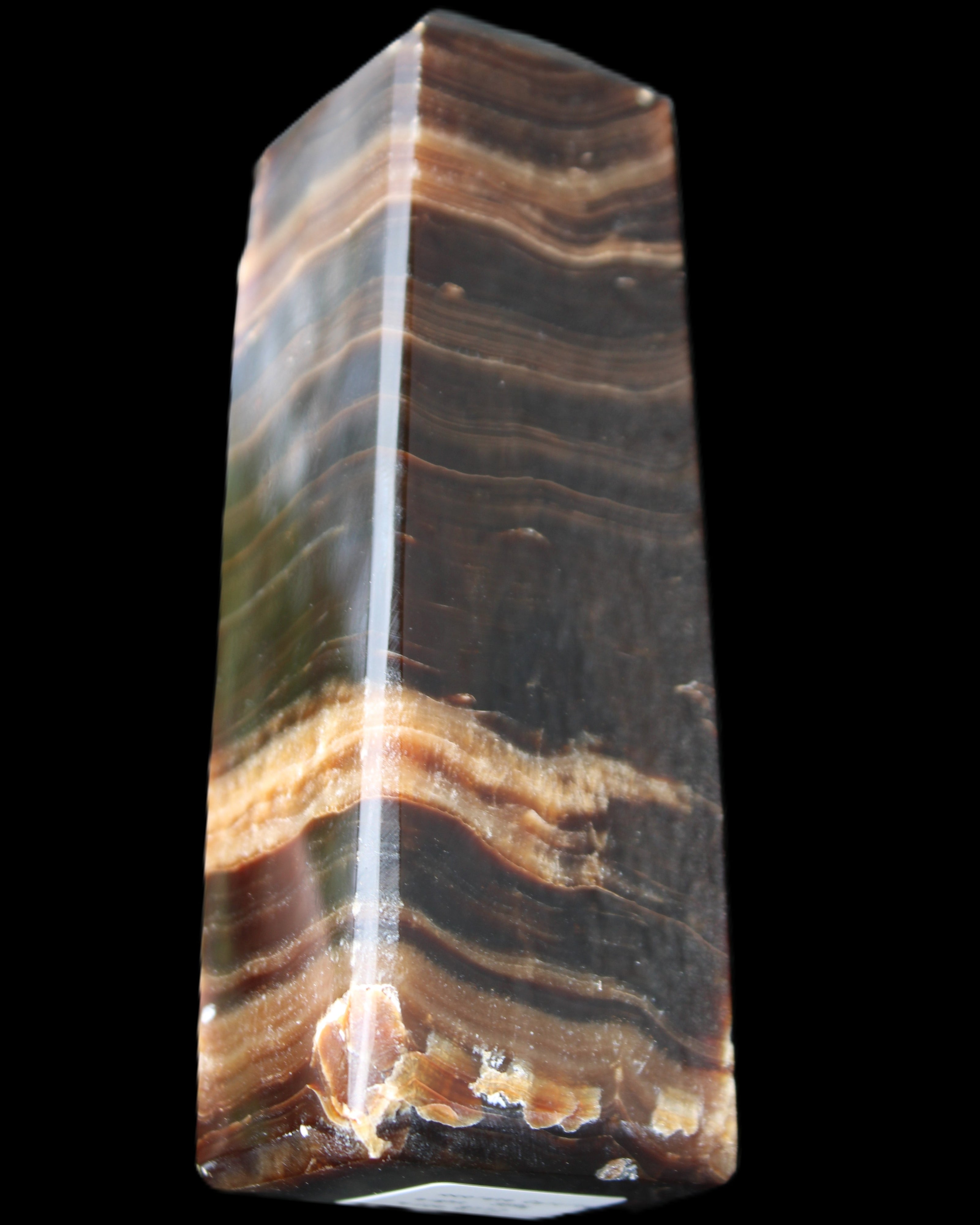 Chocolate Calcite obelisk 120*40*30mm 359g in sunlight - Rocks and Things Store