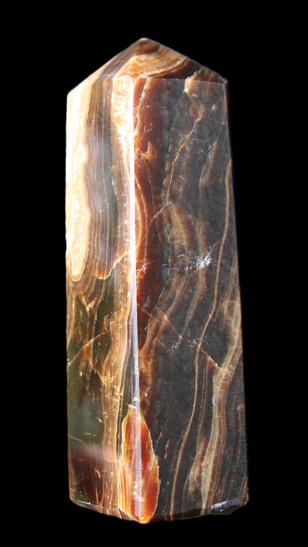 Chocolate Calcite obelisk 120*33*32mm 332g in sunlight - Rocks and Things Store