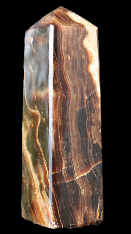 Chocolate Calcite obelisk 120*33*32mm 332g in sunlight - Rocks and Things Store