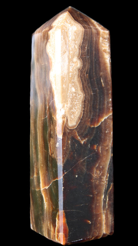 Chocolate Calcite obelisk 120*33*32mm 332g in sunlight - Rocks and Things Store