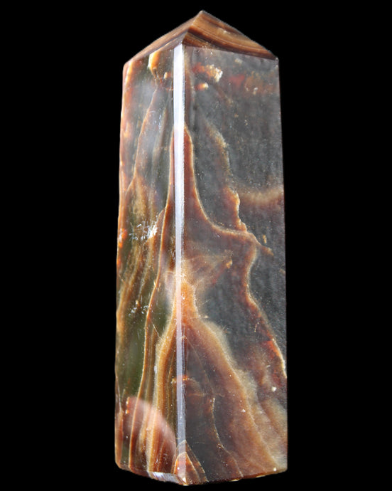Chocolate Calcite obelisk 120*33*32mm 332g in sunlight - Rocks and Things Store