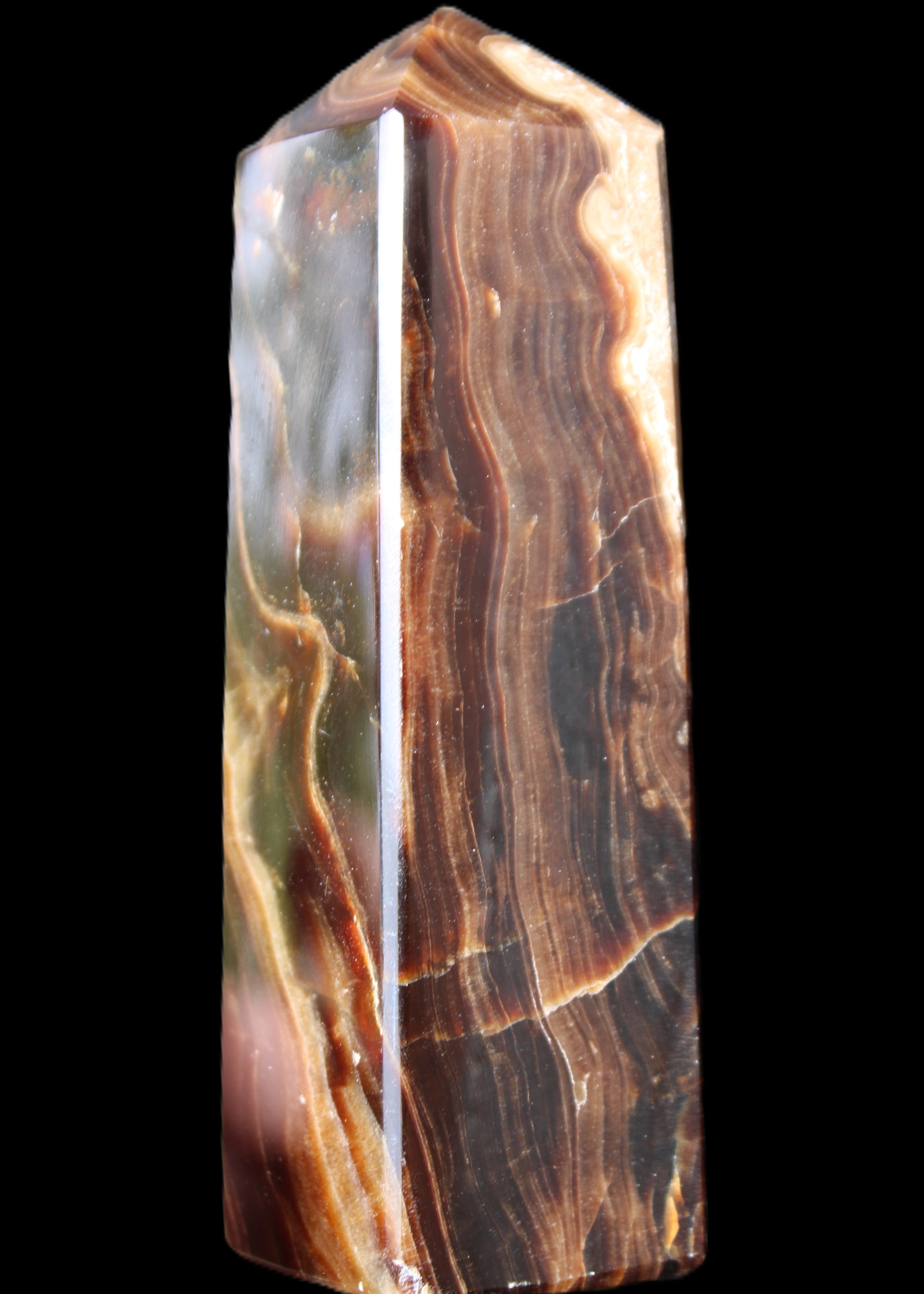 Chocolate Calcite obelisk 120*33*32mm 332g in sunlight - Rocks and Things Store