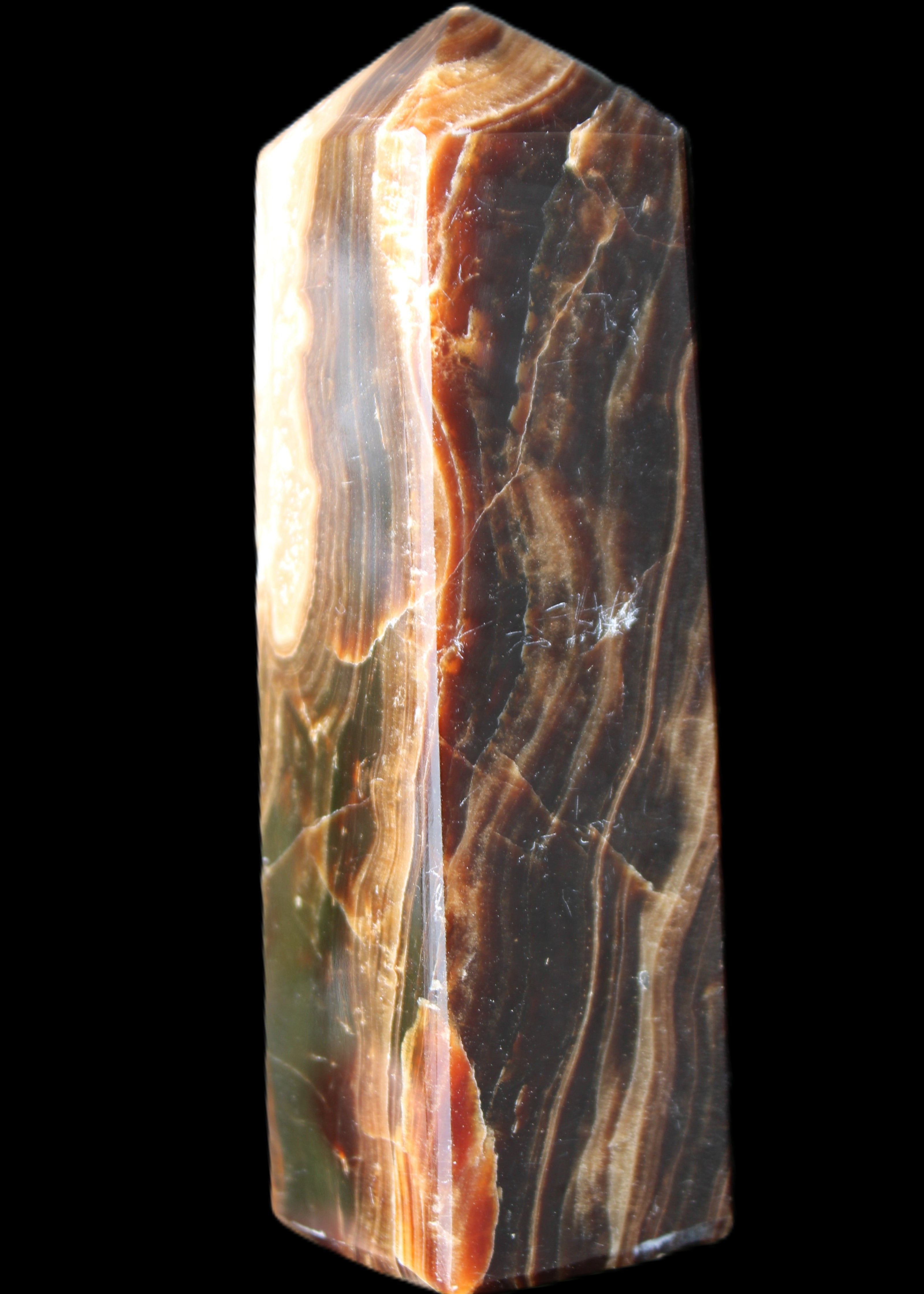Chocolate Calcite obelisk 120*33*32mm 332g in sunlight - Rocks and Things Store
