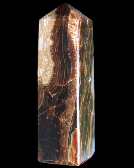 Chocolate Calcite obelisk 120*33*32mm 332g in sunlight - Rocks and Things Store