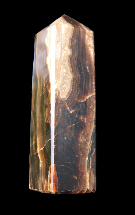 Chocolate Calcite obelisk 120*33*32mm 332g in sunlight - Rocks and Things Store