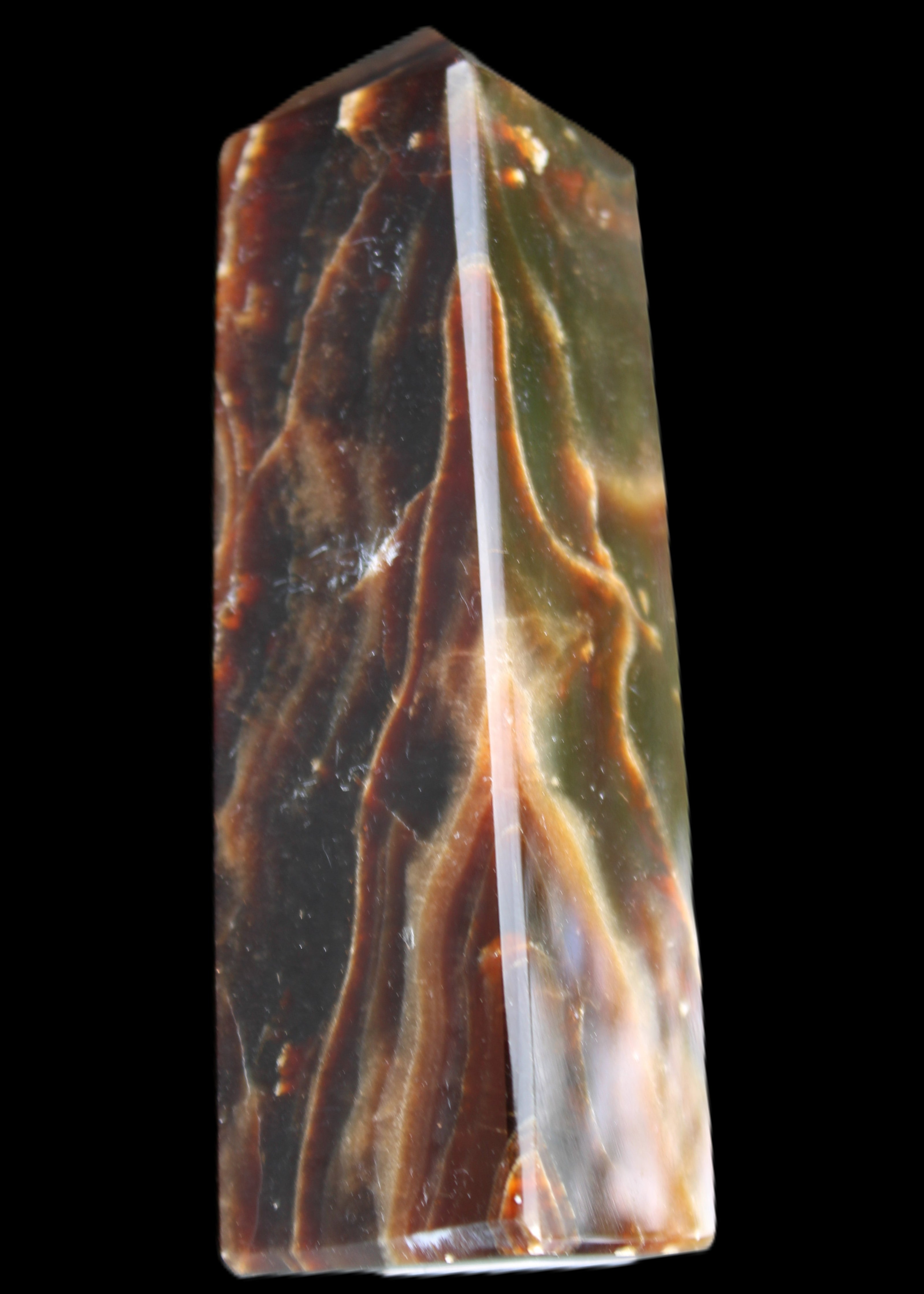 Chocolate Calcite obelisk 120*33*32mm 332g in sunlight - Rocks and Things Store