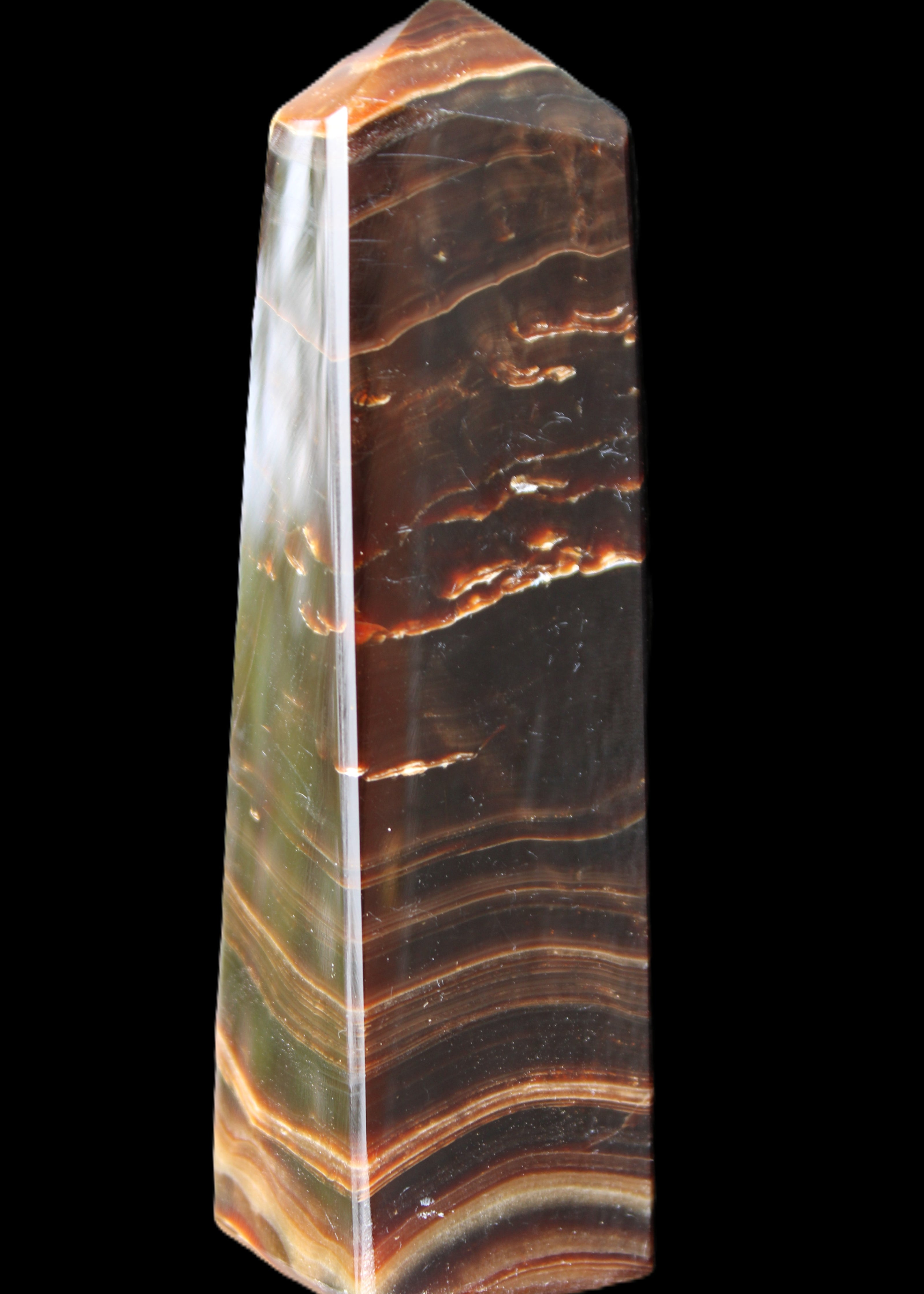 Chocolate Calcite obelisk 128*35*32mm 301g in sunlight - Rocks and Things Store