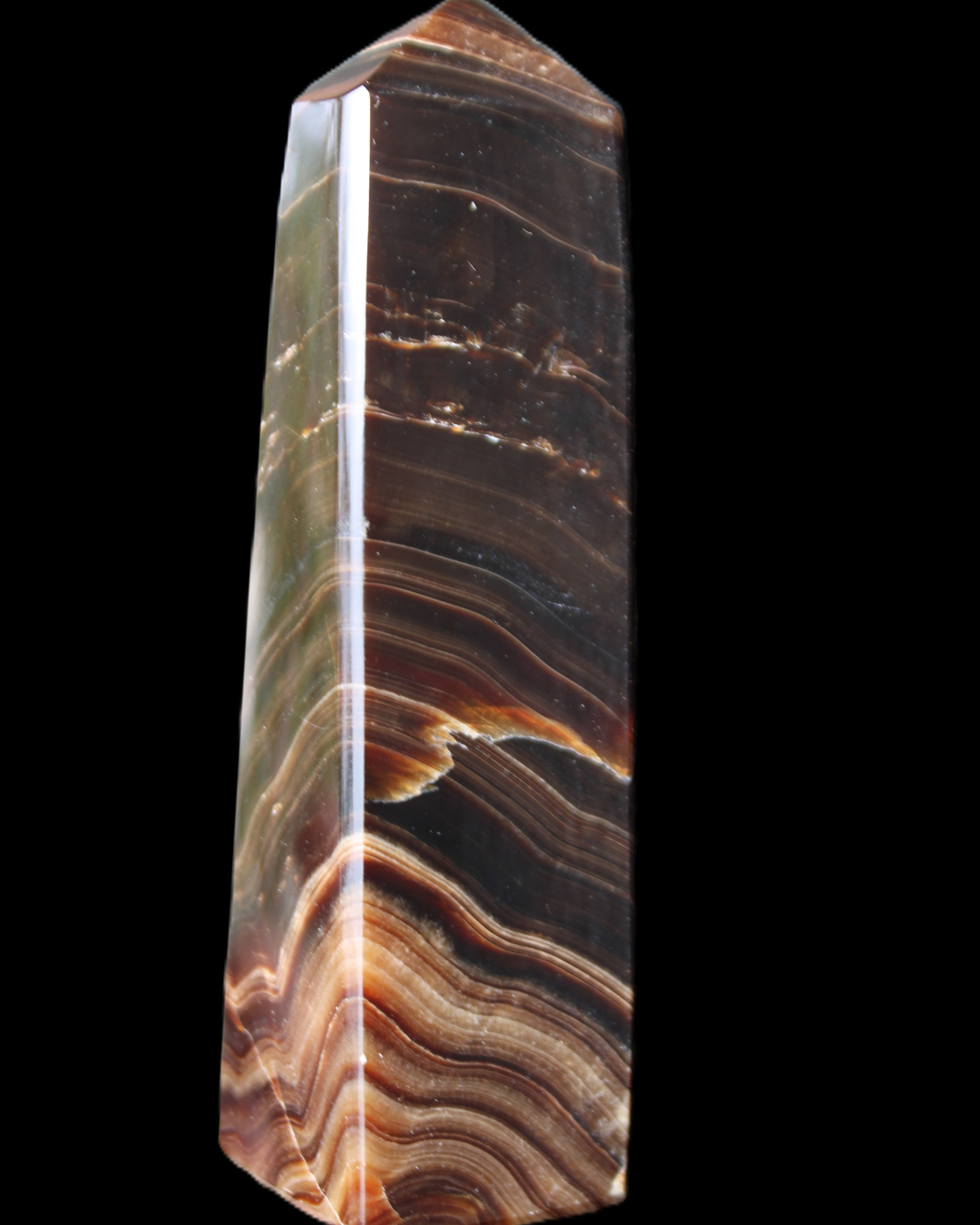 Chocolate Calcite obelisk 128*35*32mm 301g in sunlight - Rocks and Things Store