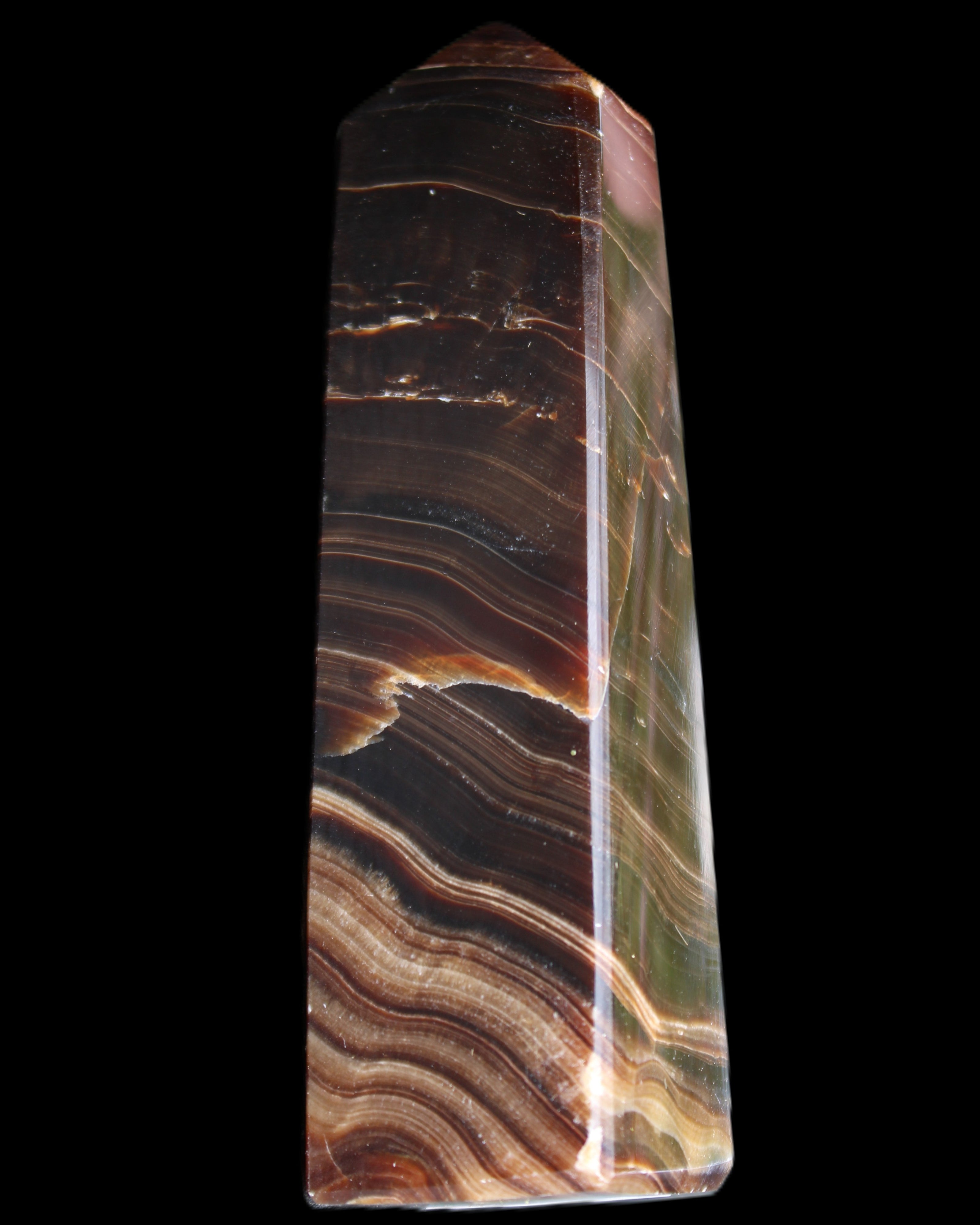 Chocolate Calcite obelisk 128*35*32mm 301g in sunlight - Rocks and Things Store