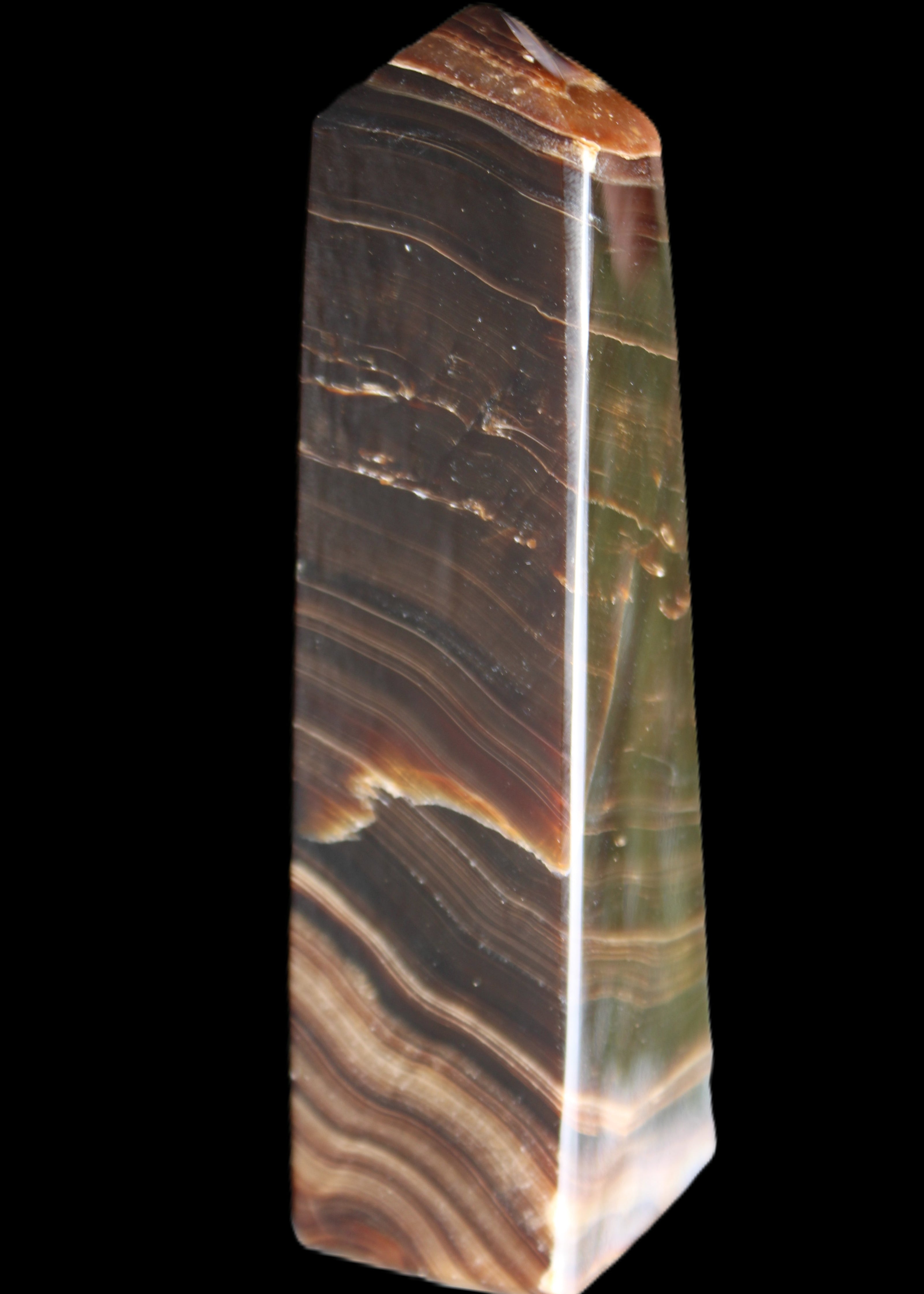 Chocolate Calcite obelisk 128*35*32mm 301g in sunlight - Rocks and Things Store