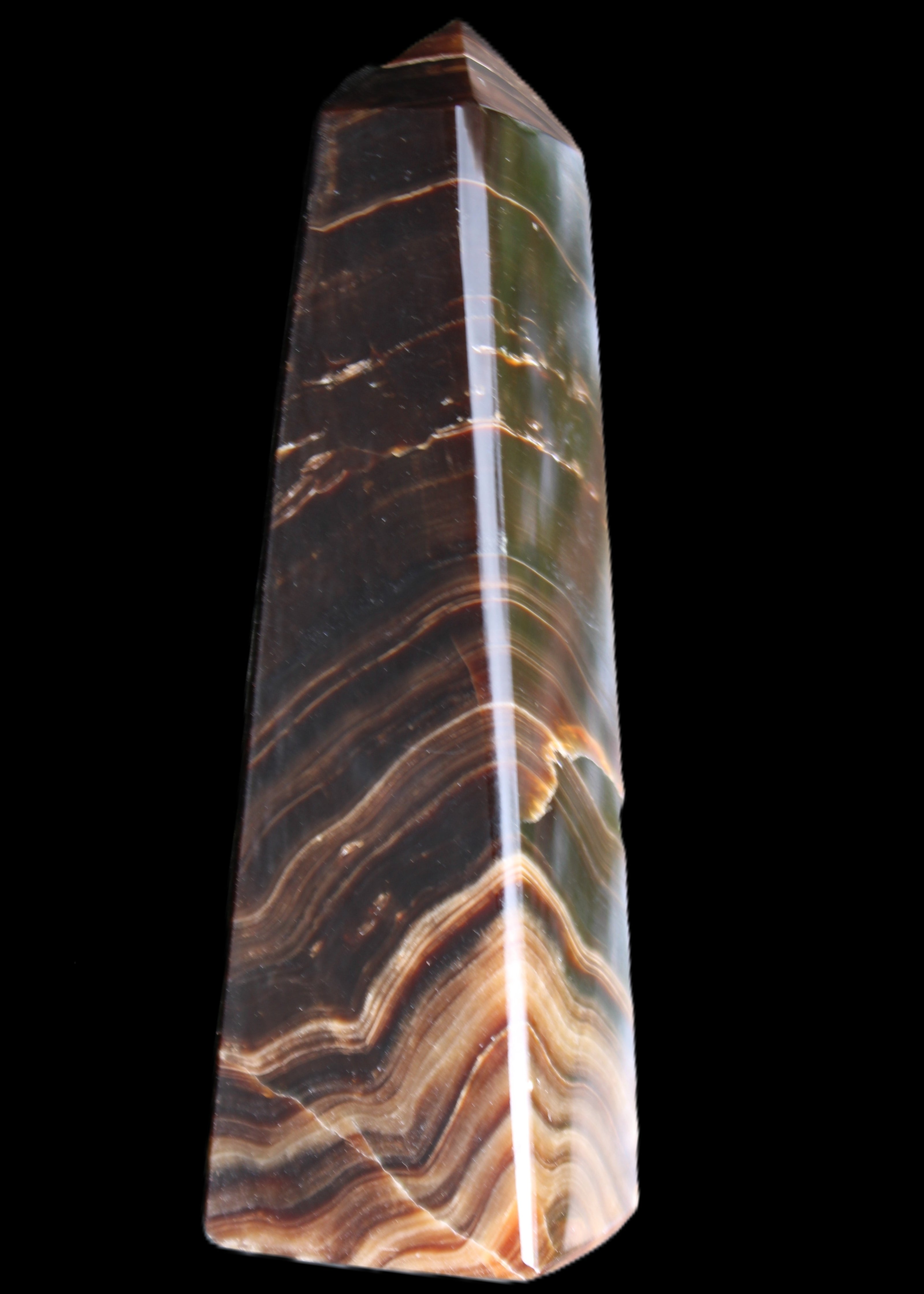 Chocolate Calcite obelisk 128*35*32mm 301g in sunlight - Rocks and Things Store