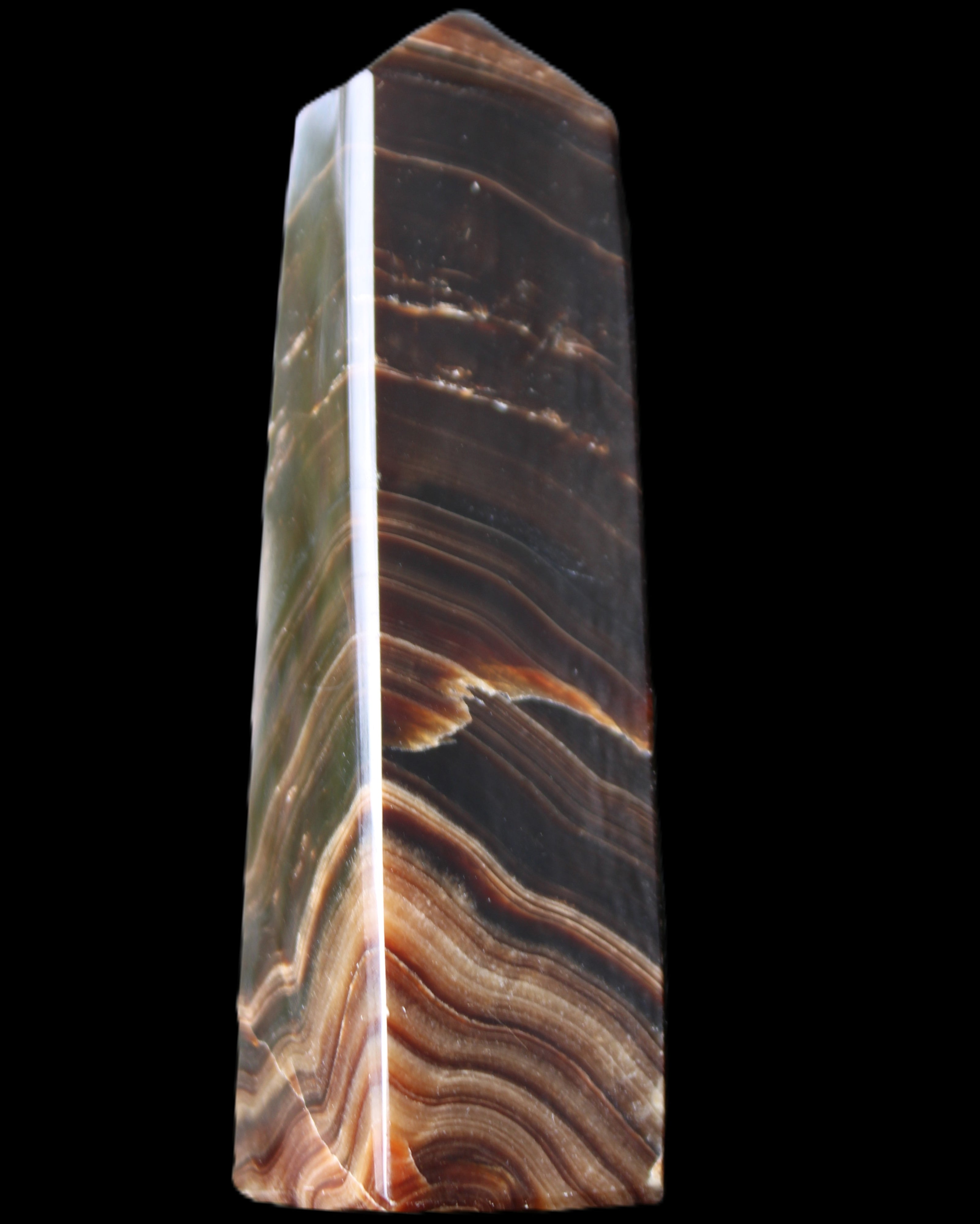Chocolate Calcite obelisk 128*35*32mm 301g in sunlight - Rocks and Things Store