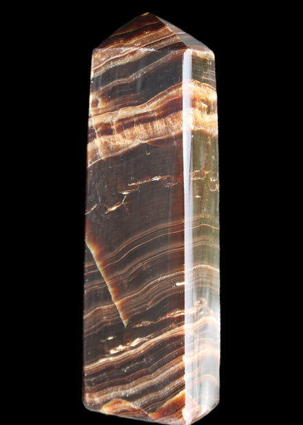 Chocolate Calcite obelisk 113*33*21mm 201g in sunlight - Rocks and Things Store