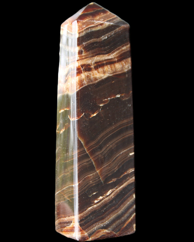 Chocolate Calcite obelisk 113*33*21mm 201g in sunlight - Rocks and Things Store