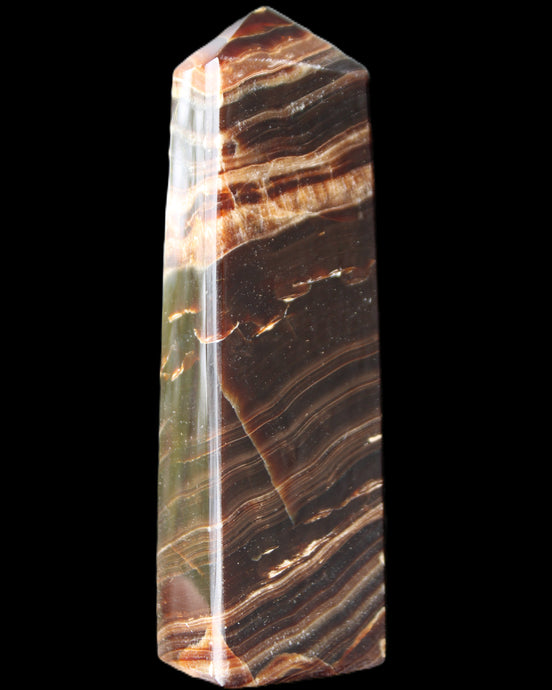 Chocolate Calcite obelisk 113*33*21mm 201g in sunlight - Rocks and Things Store