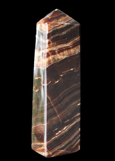 Chocolate Calcite obelisk 113*33*21mm 201g in sunlight - Rocks and Things Store