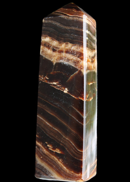 Chocolate Calcite obelisk 113*33*21mm 201g in sunlight - Rocks and Things Store