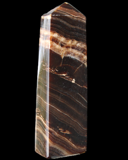 Chocolate Calcite obelisk 113*33*21mm 201g in sunlight - Rocks and Things Store