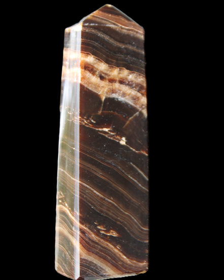 Chocolate Calcite obelisk 113*33*21mm 201g in sunlight - Rocks and Things Store