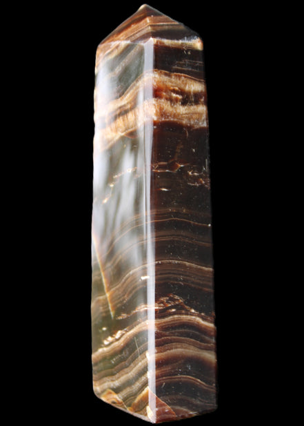 Chocolate Calcite obelisk 113*33*21mm 201g in sunlight - Rocks and Things Store