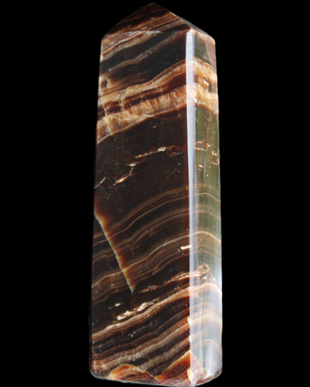 Chocolate Calcite obelisk 113*33*21mm 201g in sunlight - Rocks and Things Store