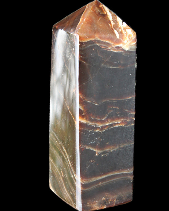 Chocolate Calcite obelisk 105*35*32mm 295g in sunlight - Rocks and Things Store