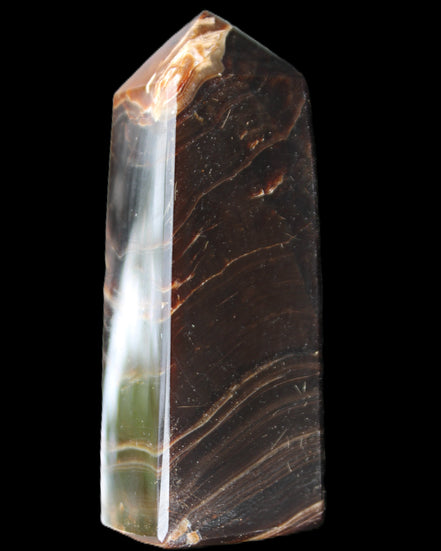 Chocolate Calcite obelisk 105*35*32mm 295g in sunlight - Rocks and Things Store