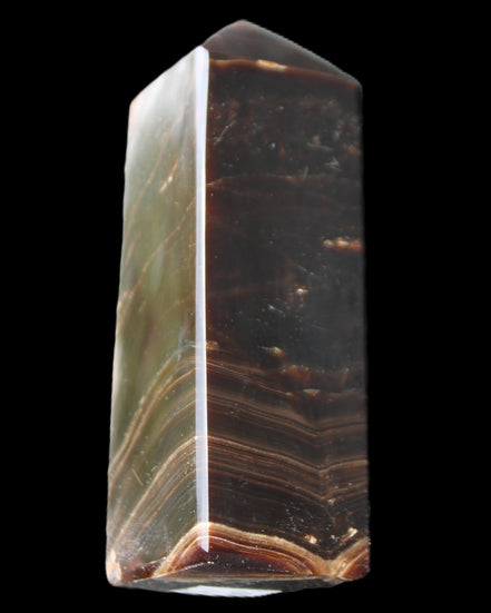 Chocolate Calcite obelisk 105*35*32mm 295g in sunlight - Rocks and Things Store
