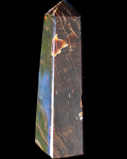 Chocolate Calcite obelisk 110*32*27mm 187g in sunlight - Rocks and Things Store