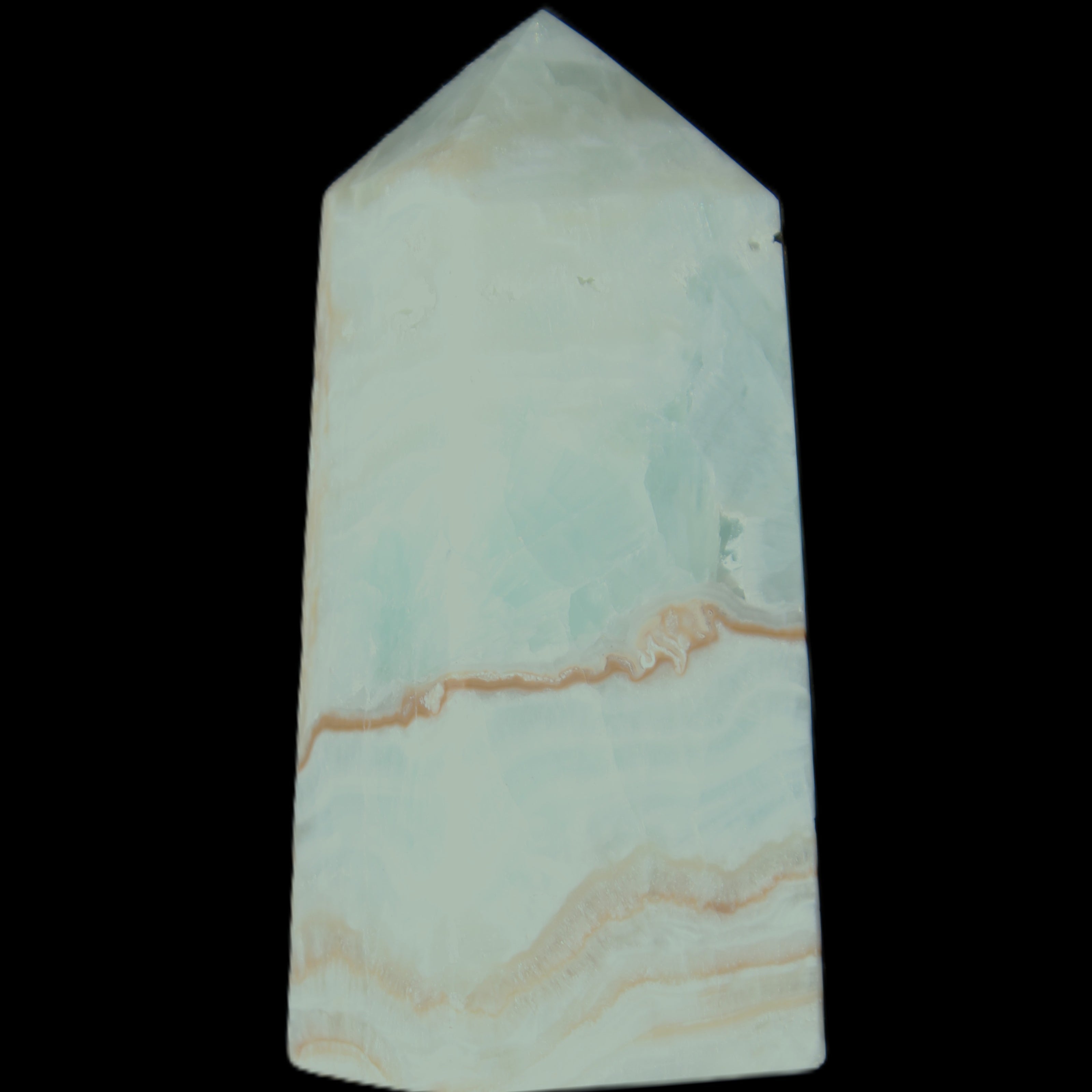 Pistachio Calcite obelisk 68*28*24mm 92g in sunlight - Rocks and Things Store