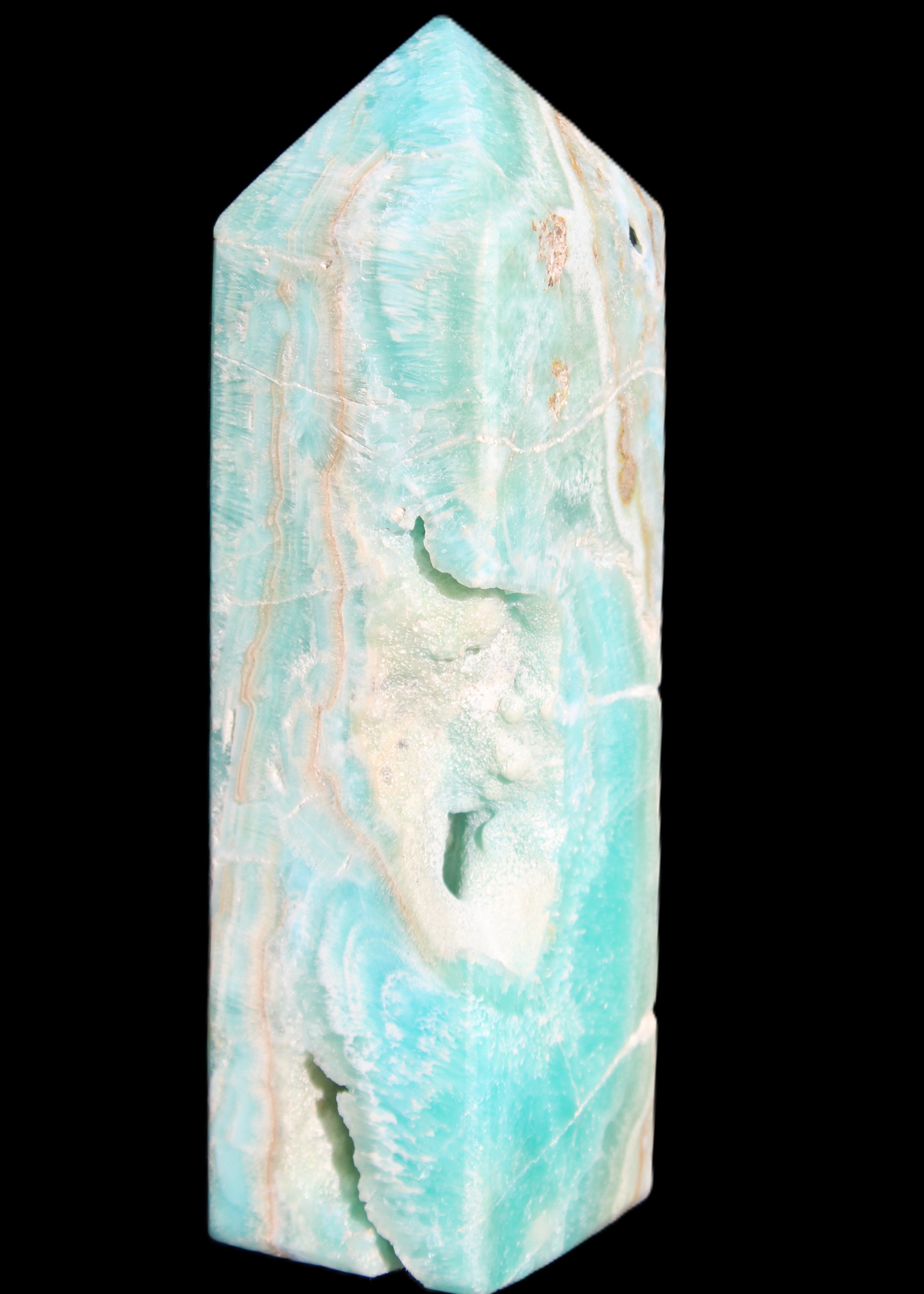 Blue Aragonite obelisk 134*42*35mm 440g in sunlight - Rocks and Things Store