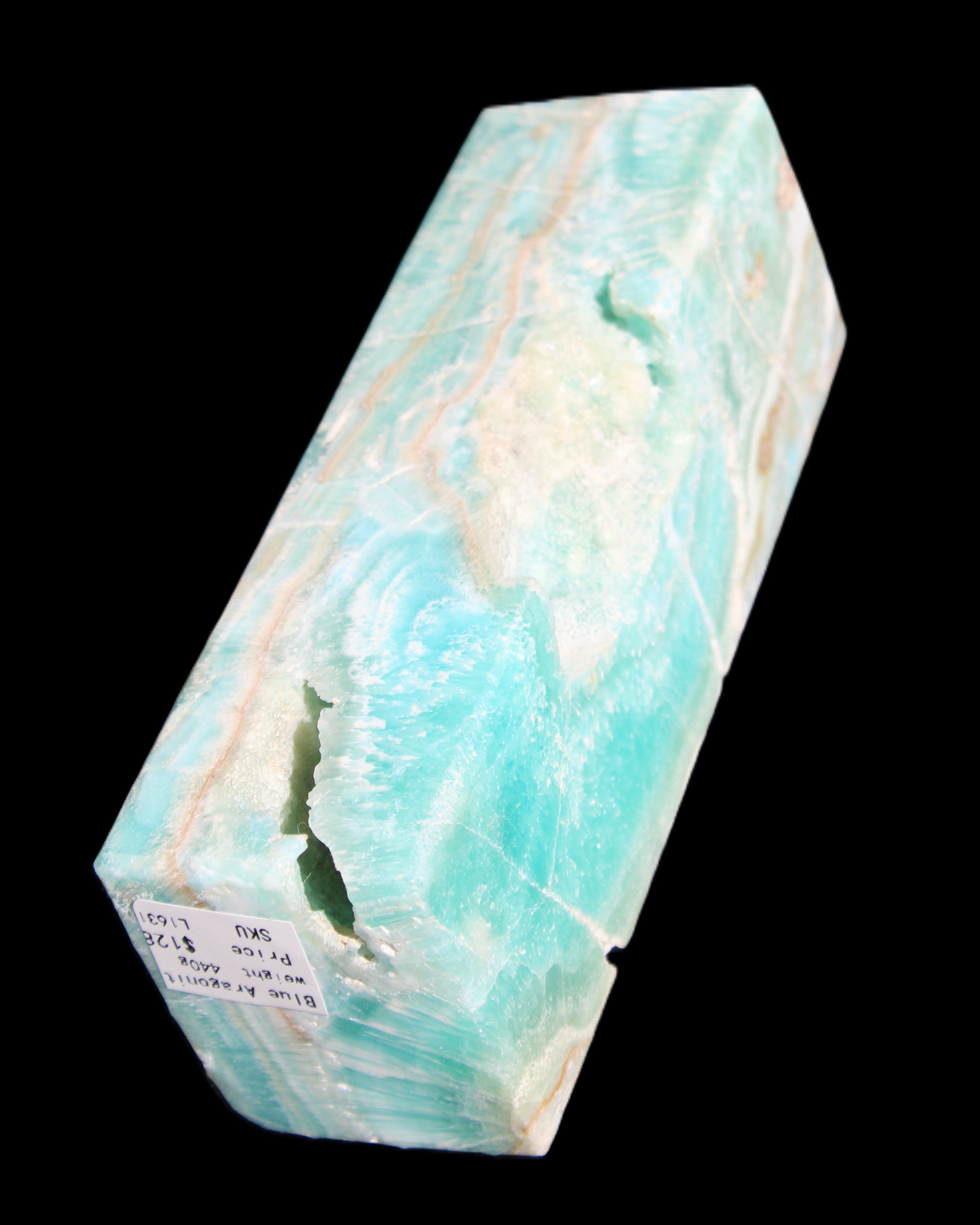 Blue Aragonite obelisk 134*42*35mm 440g in sunlight - Rocks and Things Store