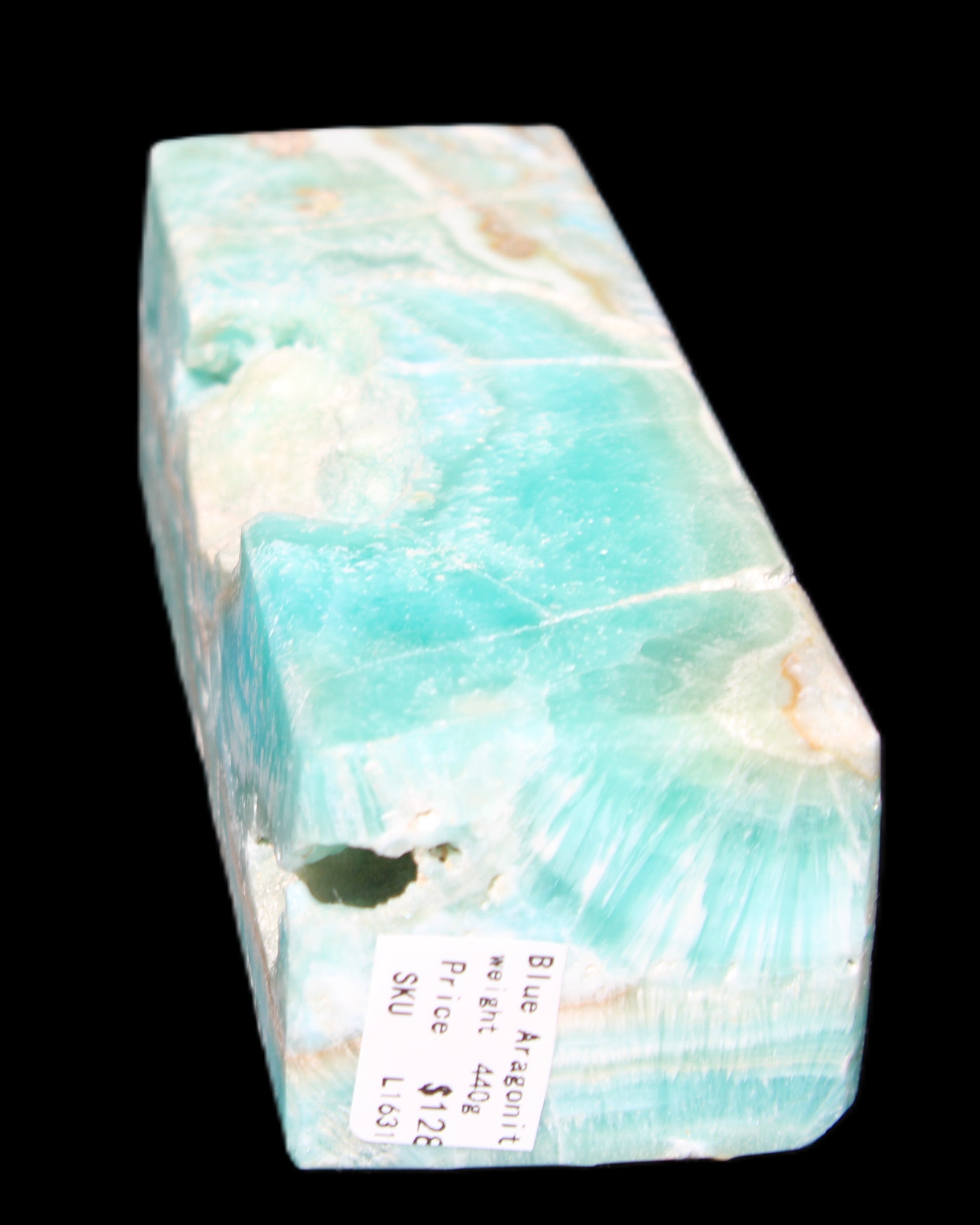 Blue Aragonite obelisk 134*42*35mm 440g in sunlight - Rocks and Things Store
