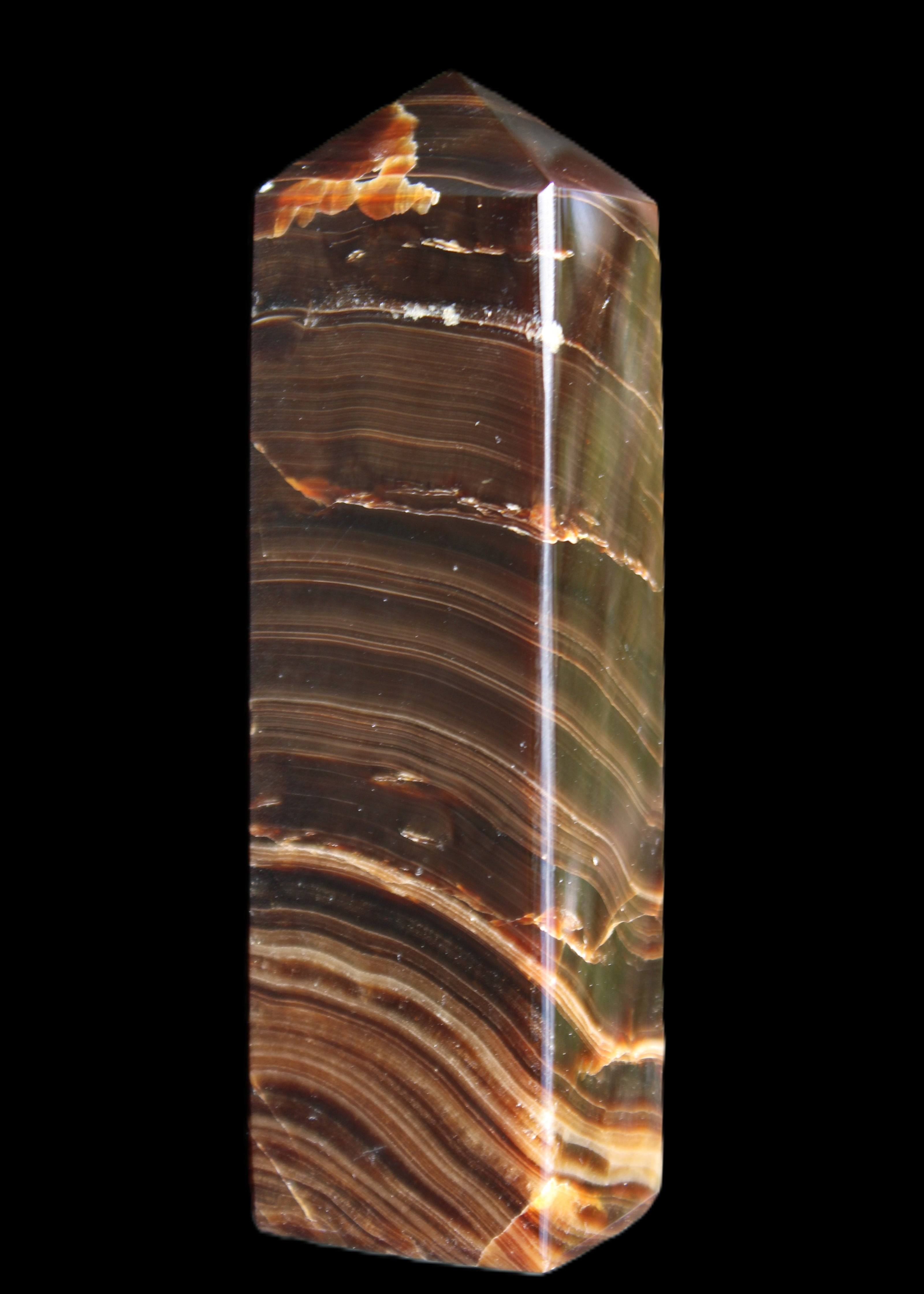 Chocolate Calcite obelisk 114*33*26mm 249g in sunlight - Rocks and Things Store