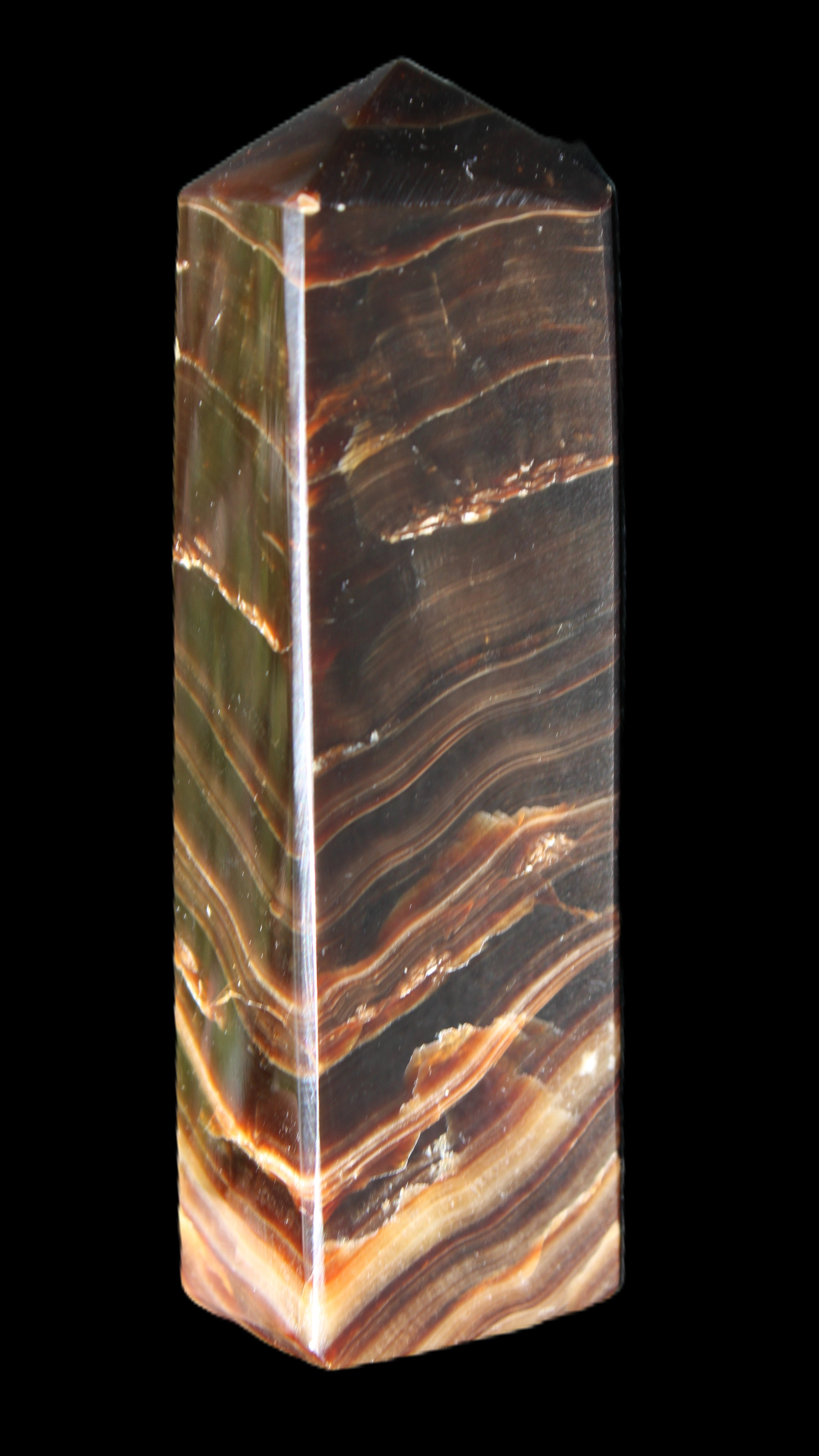 Chocolate Calcite obelisk 114*33*26mm 249g in sunlight - Rocks and Things Store
