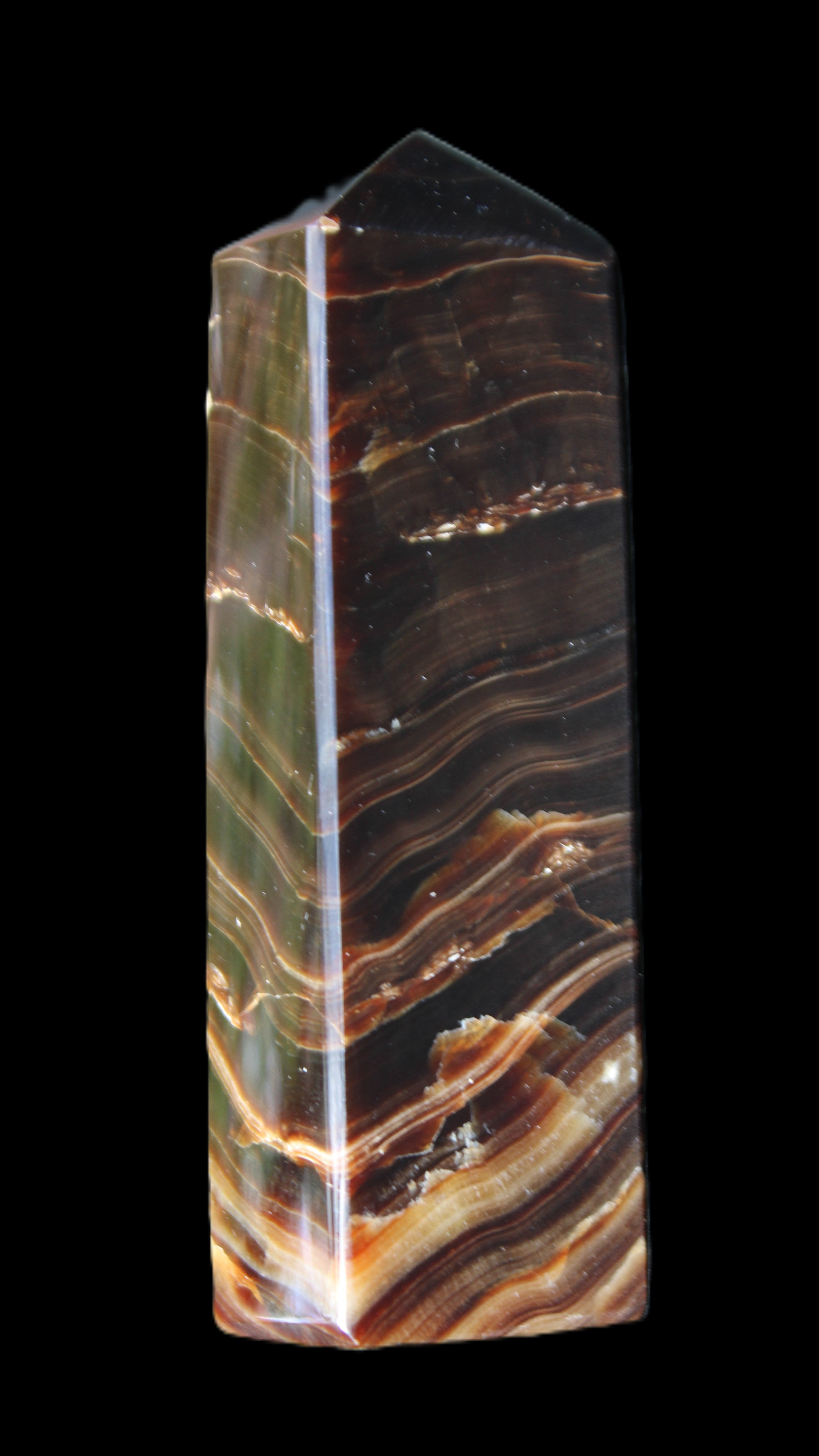 Chocolate Calcite obelisk 114*33*26mm 249g in sunlight - Rocks and Things Store
