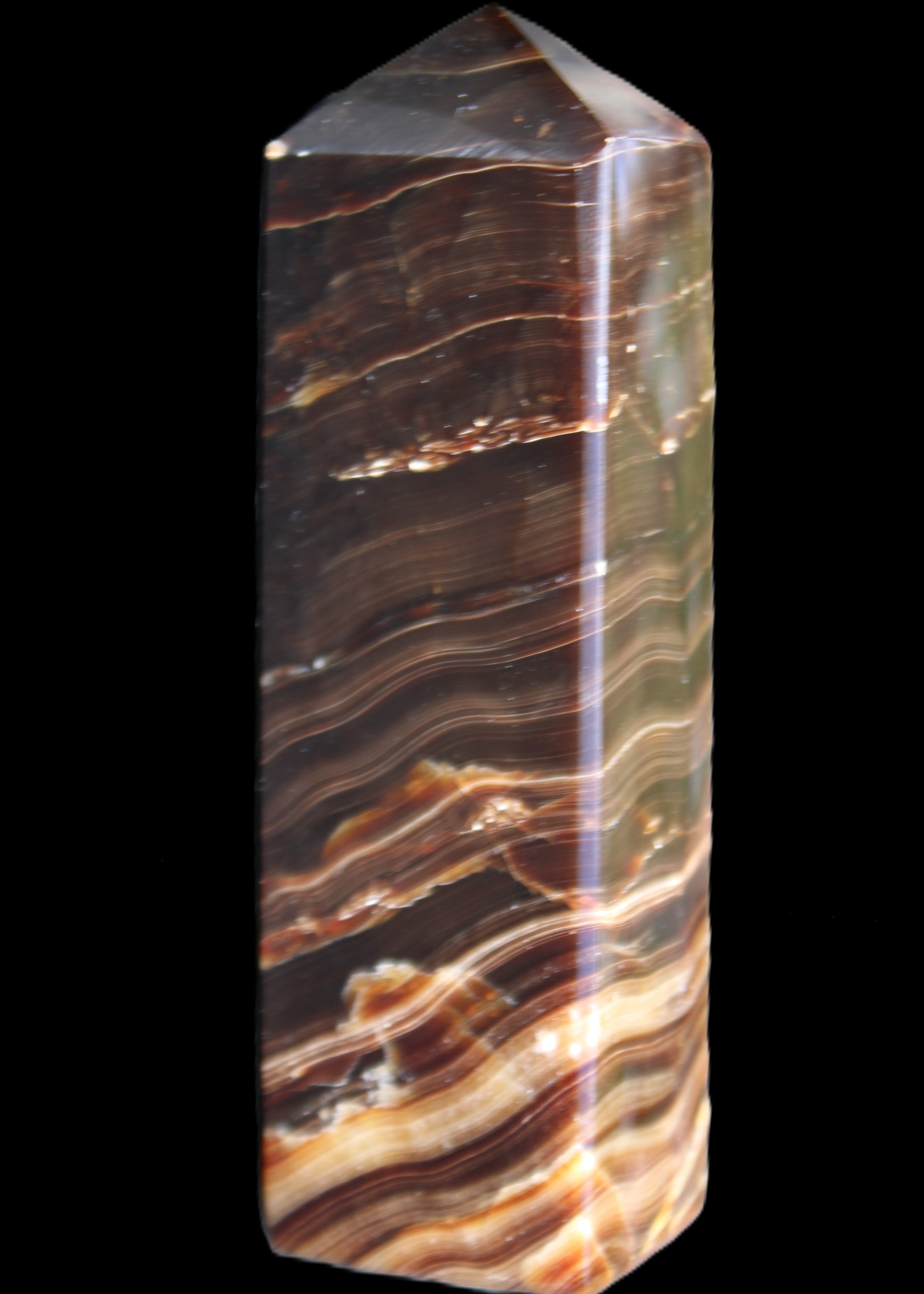 Chocolate Calcite obelisk 114*33*26mm 249g in sunlight - Rocks and Things Store