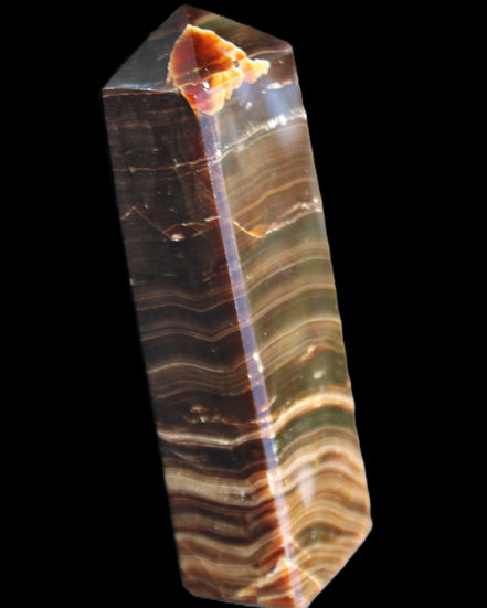 Chocolate Calcite obelisk 114*33*26mm 249g in sunlight - Rocks and Things Store