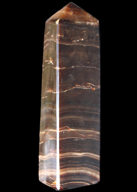 Chocolate Calcite obelisk 110*30*24mm 214g in sunlight - Rocks and Things Store