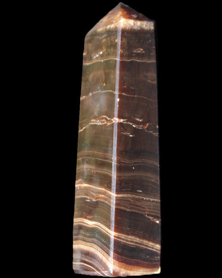 Chocolate Calcite obelisk 110*30*24mm 214g in sunlight - Rocks and Things Store