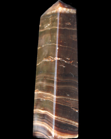 Chocolate Calcite obelisk 110*30*24mm 214g in sunlight - Rocks and Things Store