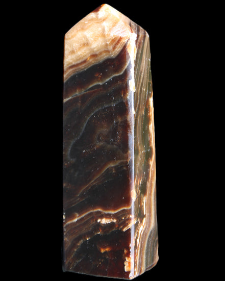 Chocolate Calcite obelisk 118*33*28mm 236g in sunlight - Rocks and Things Store