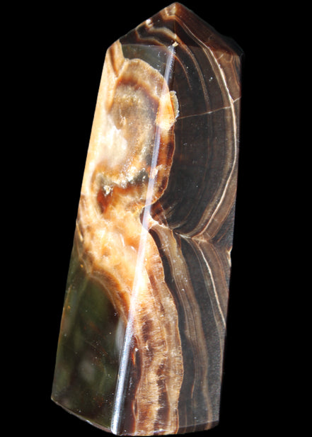 Chocolate Calcite obelisk 107*33*32mm 236g in sunlight - Rocks and Things Store